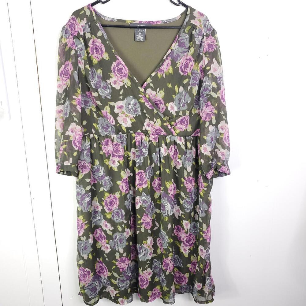 Floral Wrap-Front Olive Dress with Purple Roses